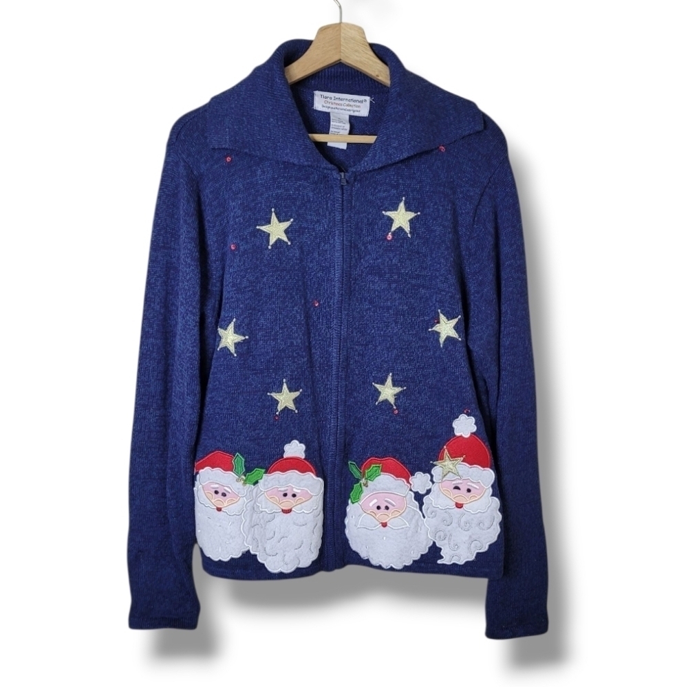Tiara International Christmas Cardigan Sweater Full Zip Santa Claus Size XL